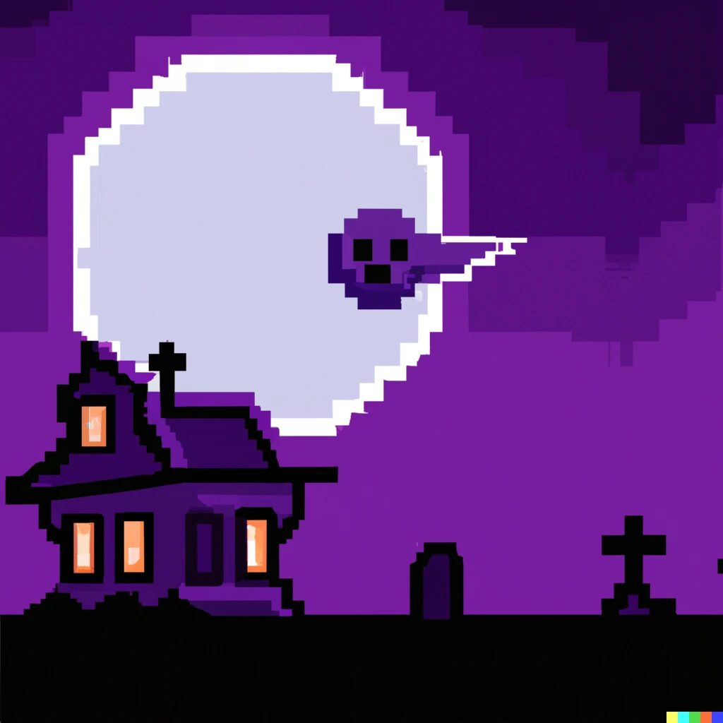 Prompt: Purple meteor landing behind a haunted mansion at night with large full moon in background, pixel art