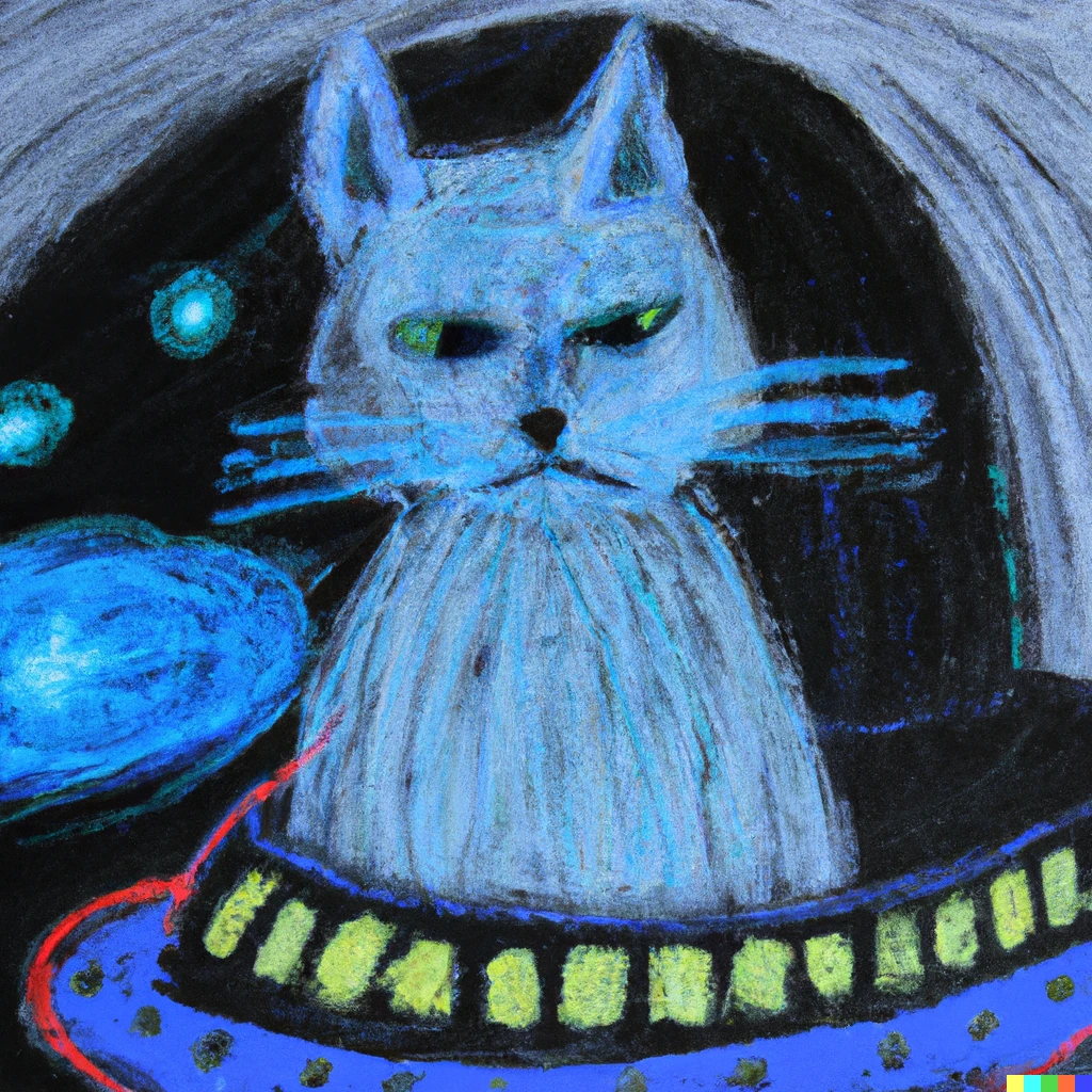 Prompt: an oil pastel drawing of an annoyed cat in a spaceship