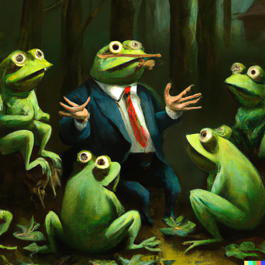 Tom × DALL·E | An oil painting of frogs conducting Questions to the ...