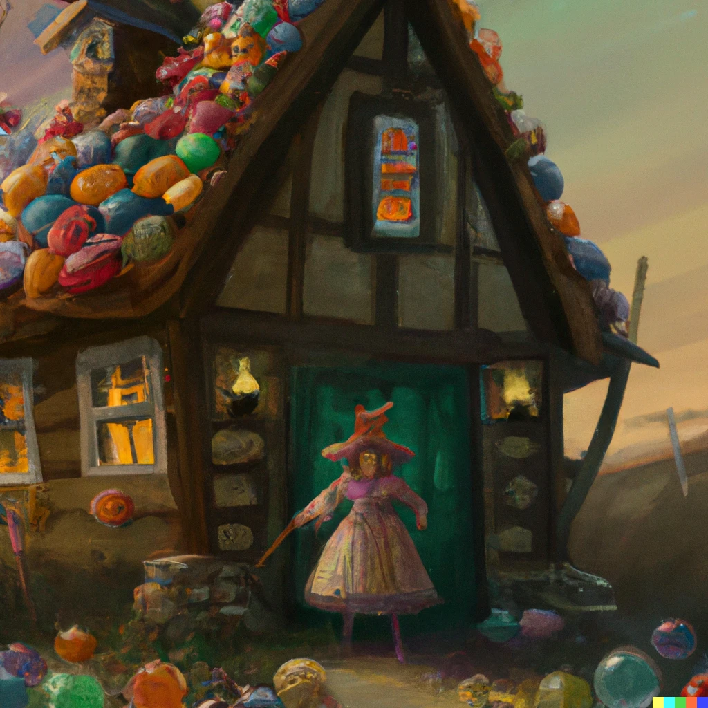 Prompt: a witch standing outside of her candy cottage made of gumdrops and jellybeans, digital art