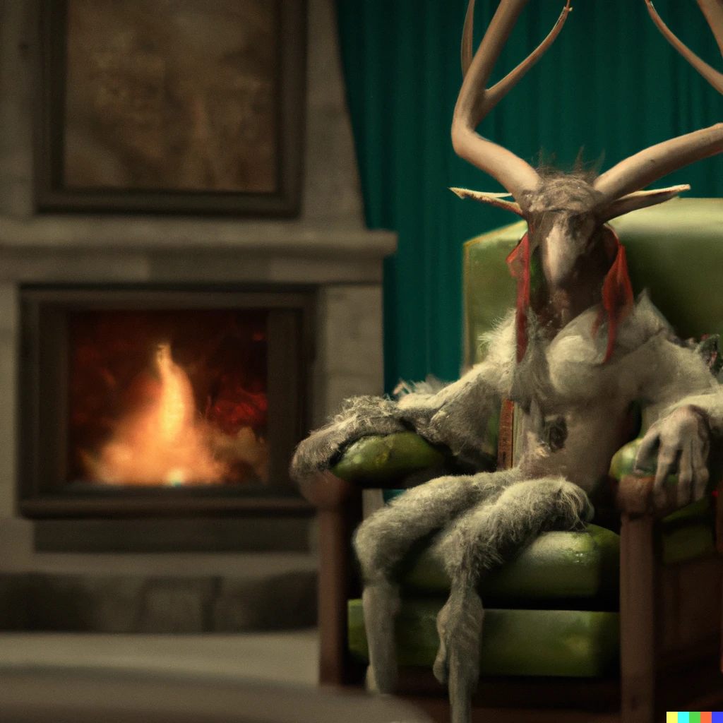Prompt: a wendigo sitting in a recliner in front of a fireplace looking at the camera, digital art