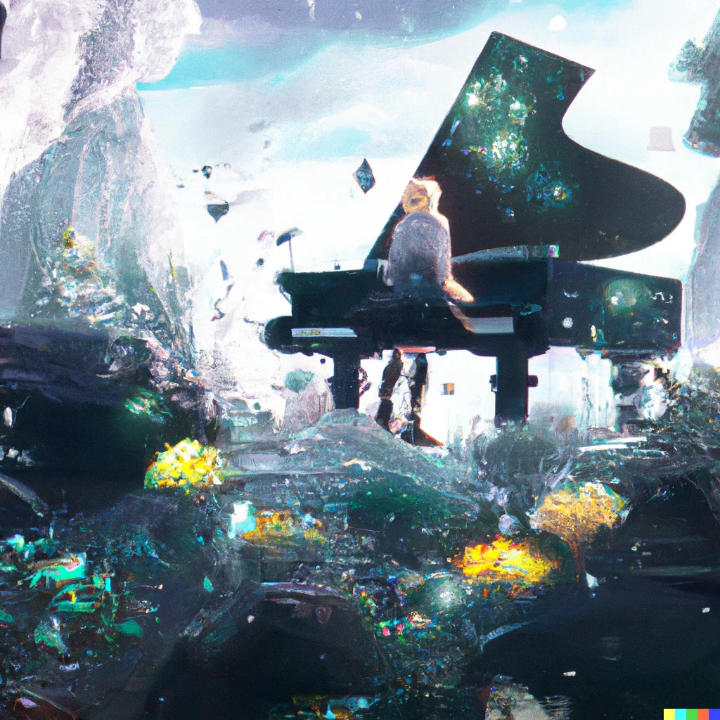 Prompt: A girl playing the piano in a crystal forest, digital art