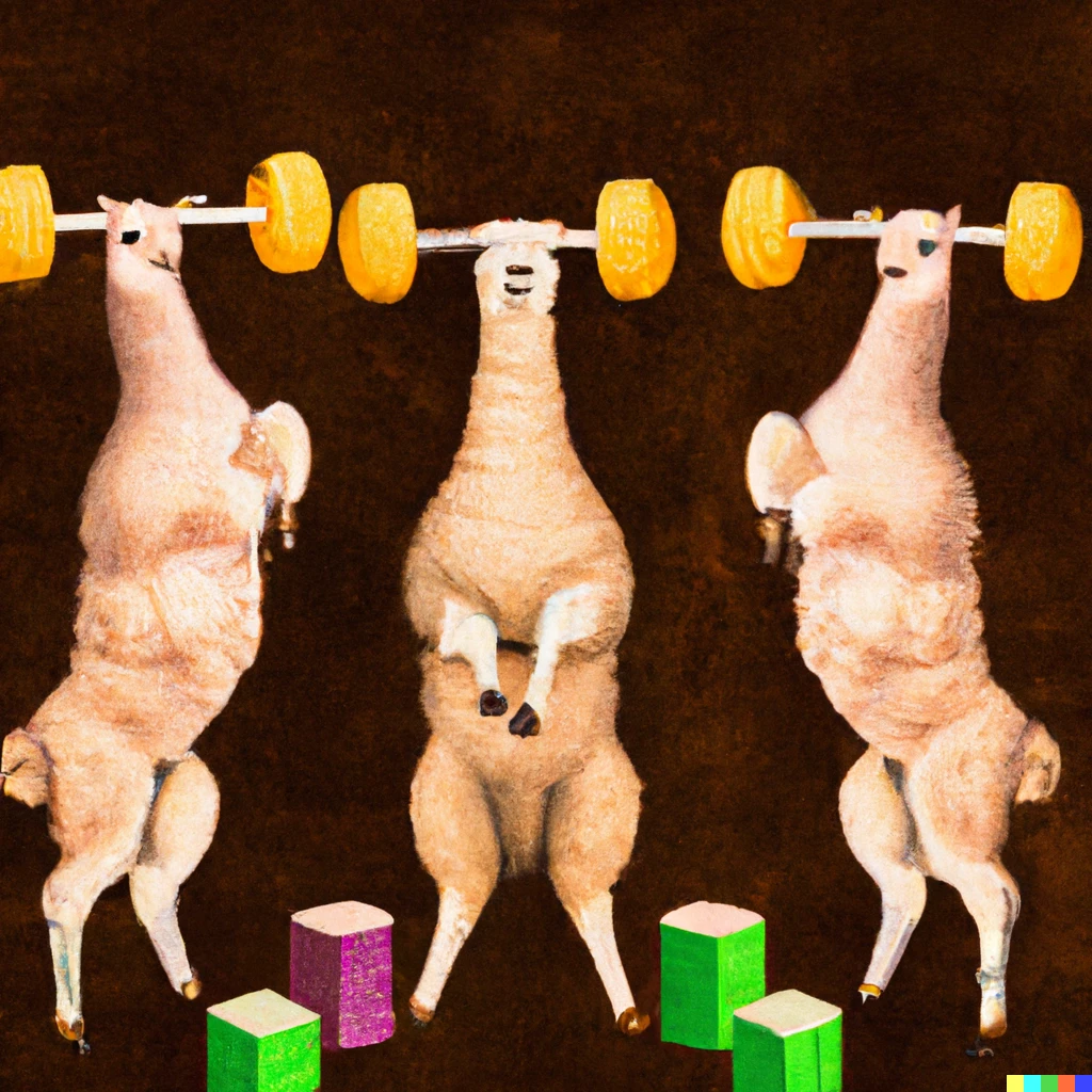 Prompt: A Group off llamas getting swole with weights made of cheese in a digital art style