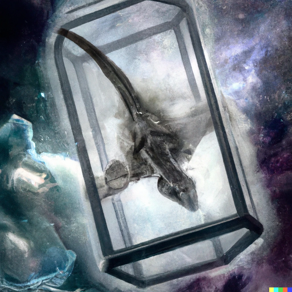 Prompt: A fossil of a dinosaur enclosed in glass floating in space with a nebula behind it, digital art