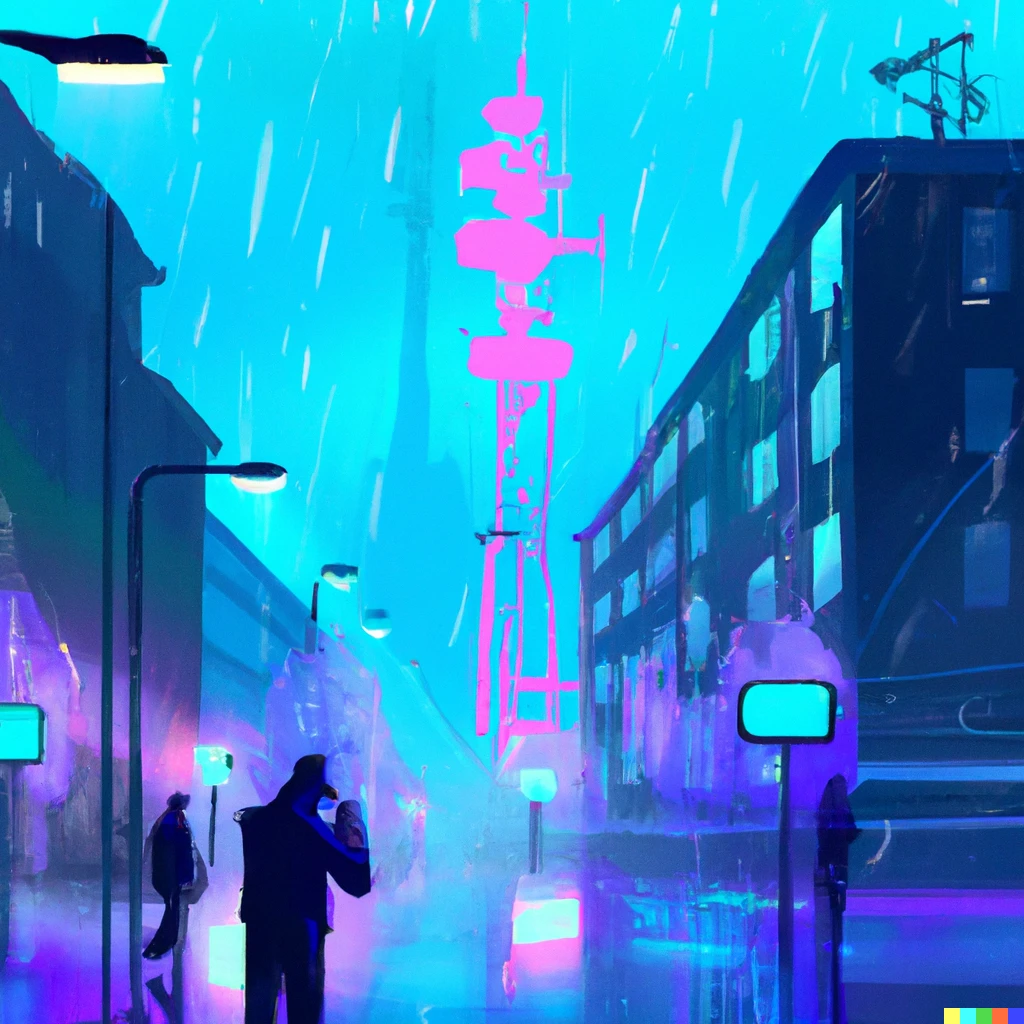 Prompt: A Finnish city with a 5G tower, at night and during rain, with blue neon lights along the road, people seen using smart phones and AR Glasses, digital art
