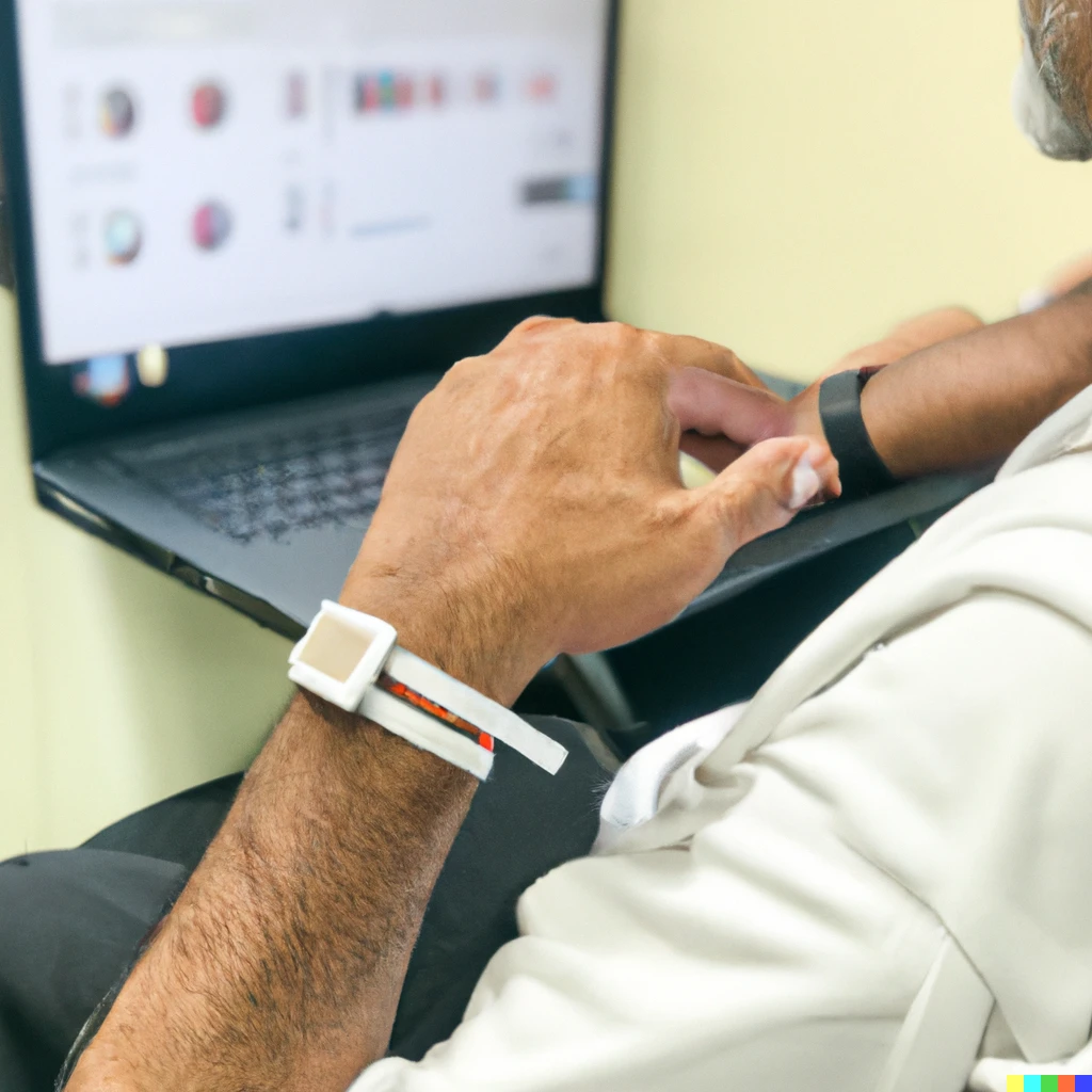 Prompt: Patients wearing wearable devices such as wristbands and rings, in a hospital waiting lounge, their data visible on a computer screen.