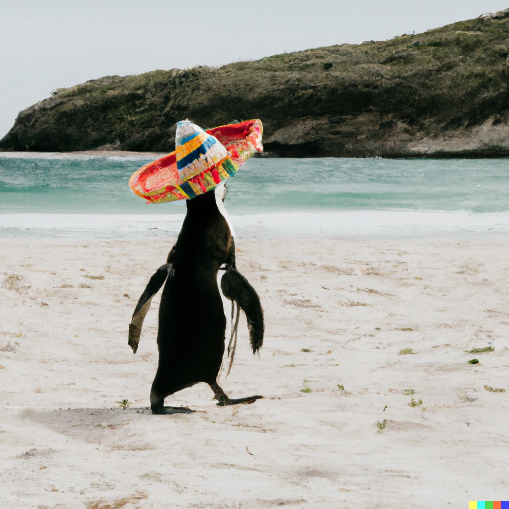Prompt: photograph of a penguin wearing a sombrero walking on the beach