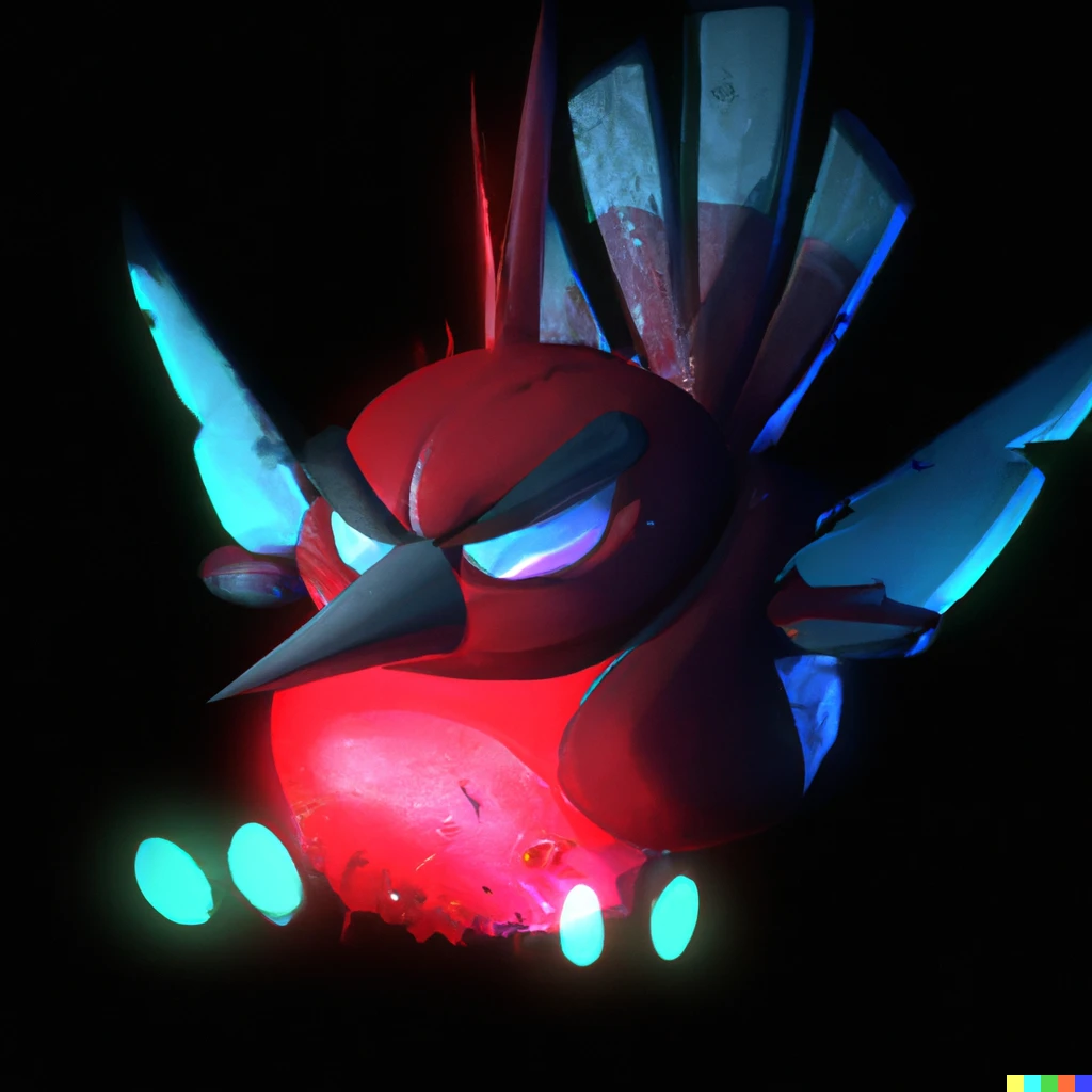 Prompt: the red bird from the mobile game "Angry Birds" in cyberpunk style, with blue strobe lighting, digital art