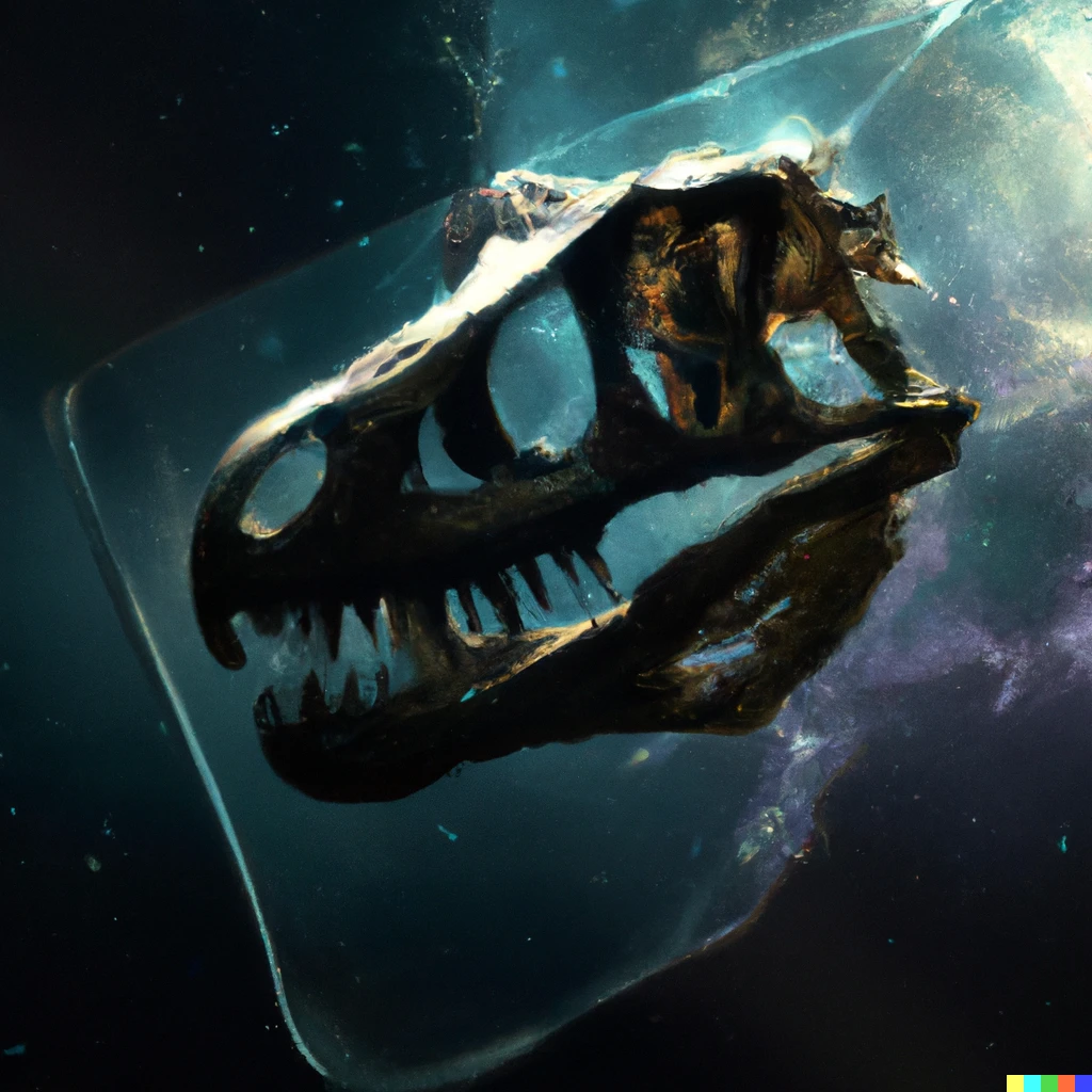 Prompt: A T-Rex skull enclosed in glass floating in space with a nebula behind it, pictured from the side, digital art