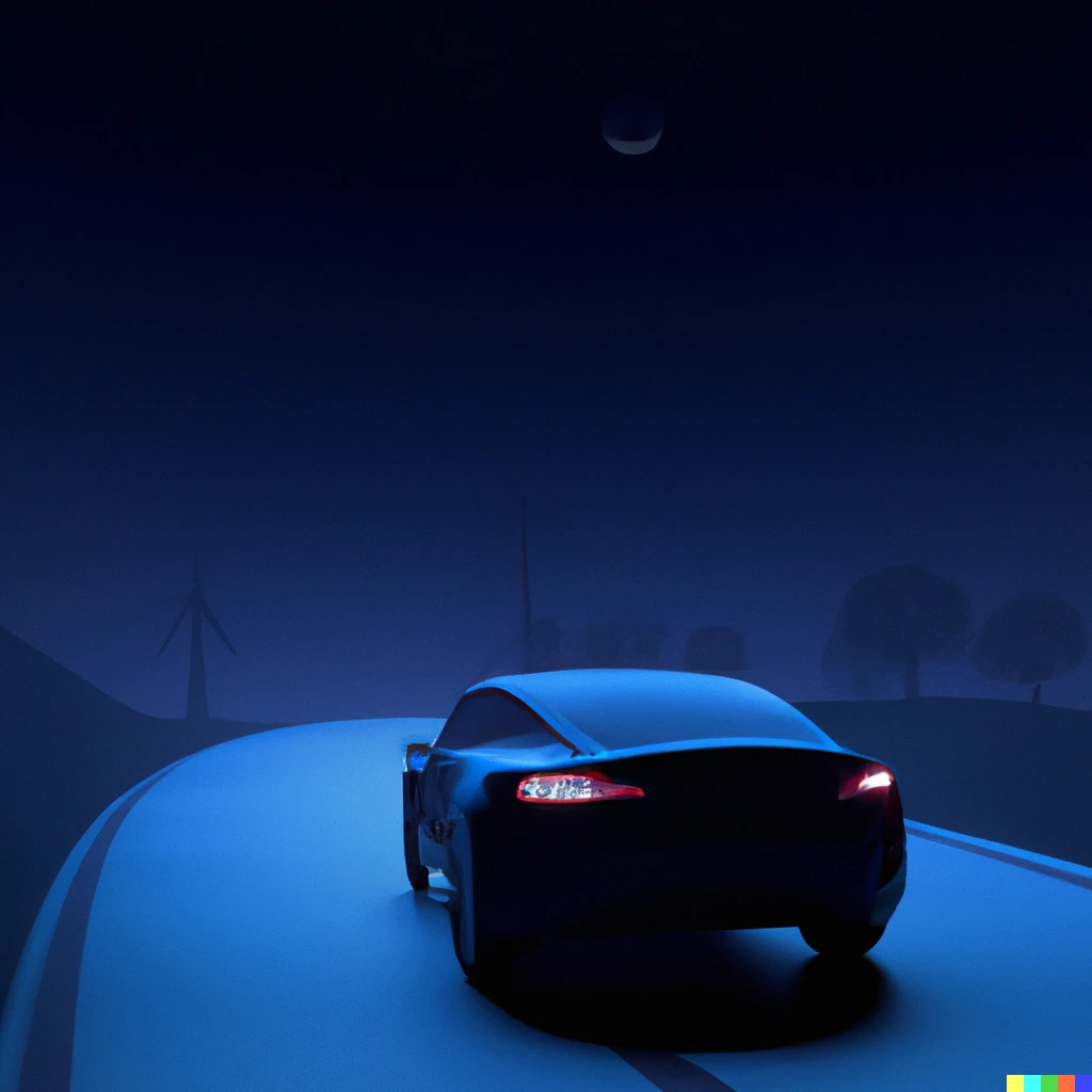 Prompt: Electric car driving along a rural road at night in blue moonlight, digital art