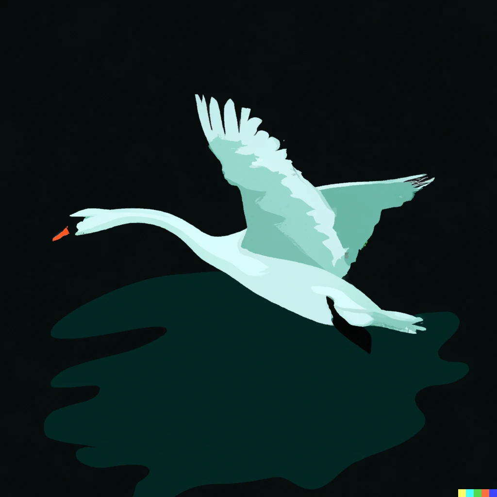Prompt: a white swan vector icon flying up from a dark-green pond, against a dark background, digital art