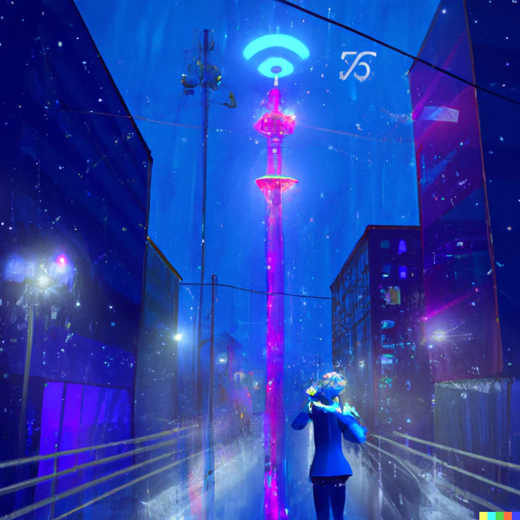 Prompt: A Finnish city with a 5G tower, at night and during rain, with blue neon lights along the road, people seen using smart phones and AR Glasses, digital art