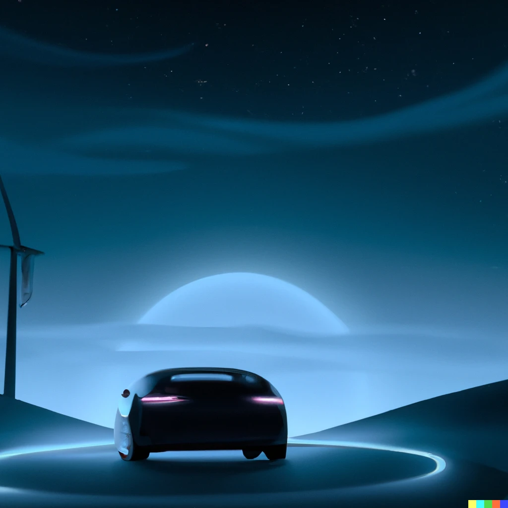 Prompt: Electric car driving along a rural road at night in blue moonlight, digital art