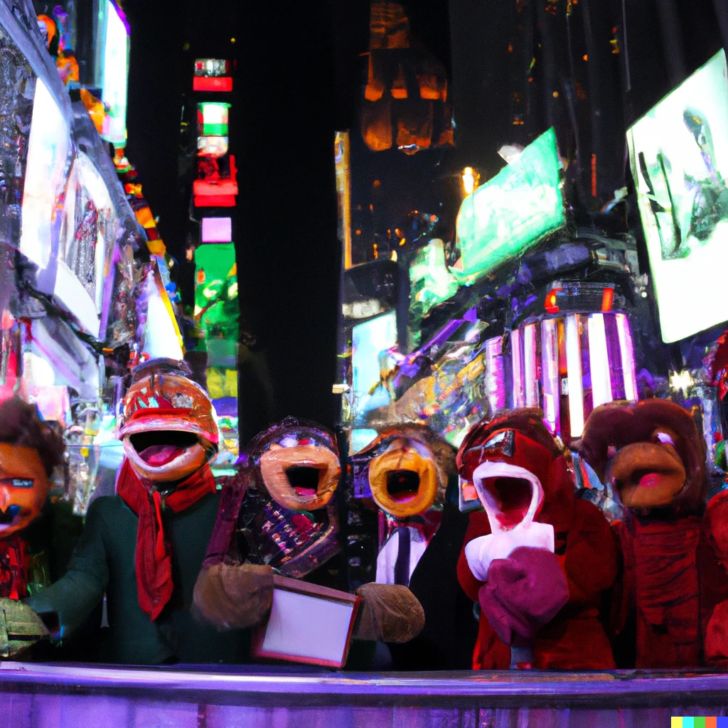 Prompt: FNAF animatronics, singing Christmas Carols, in Times Square