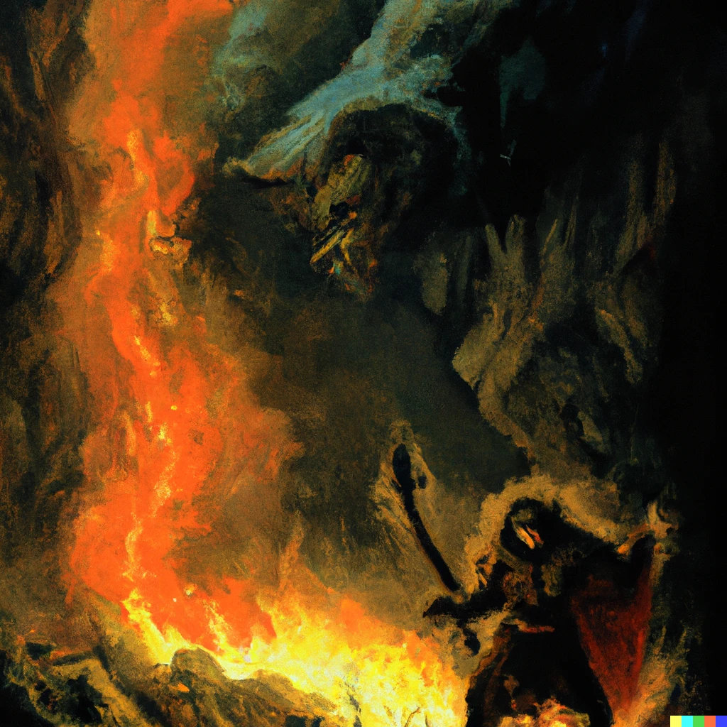 Prompt: A Man with a sword fighting a giant monster in a dark cave, surrounded by fire, as an oil painting