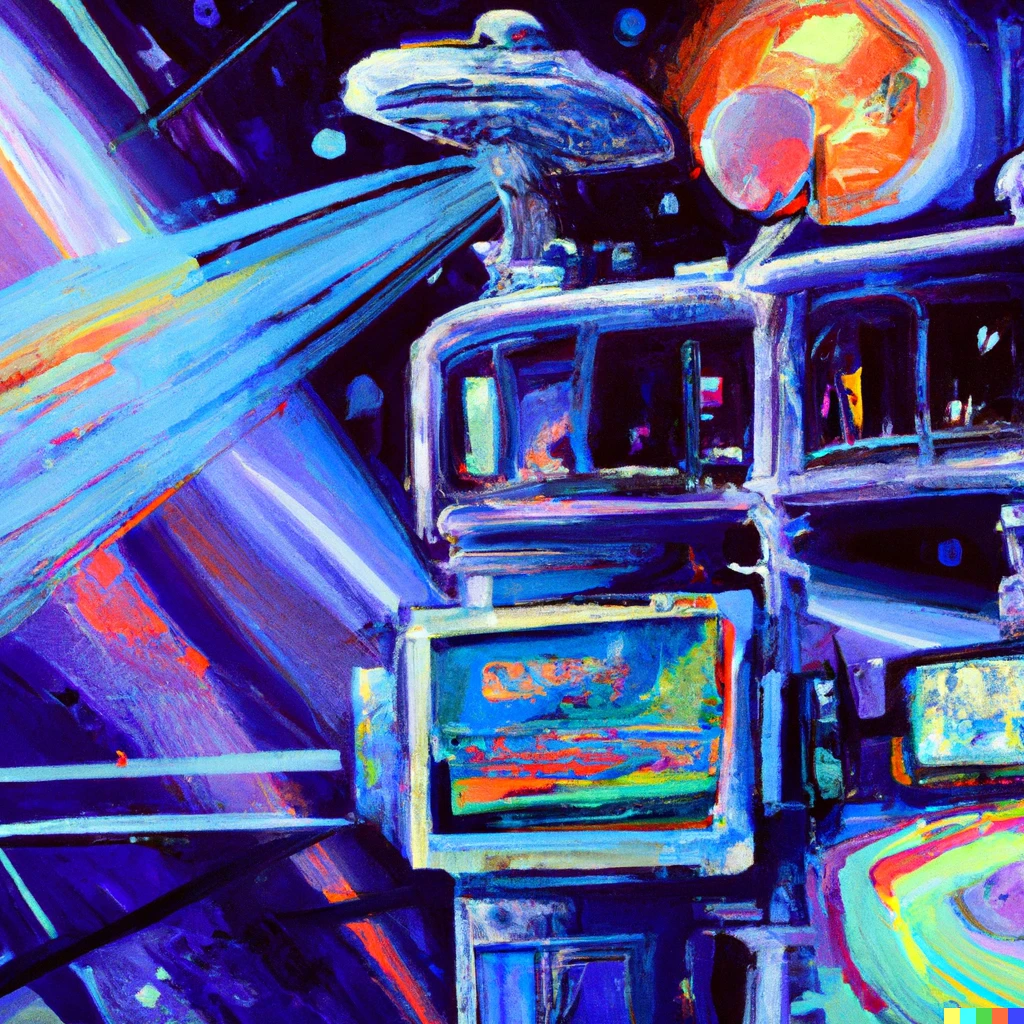 Prompt: Spacestation with neon signs, oil painting