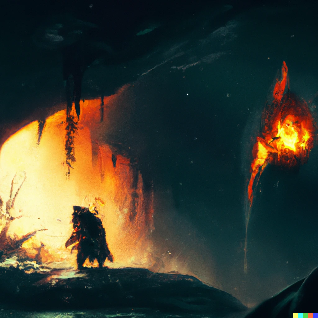 Prompt: A Man with a sword fighting a giant monster in a dark cave, surrounded by fire, digital art