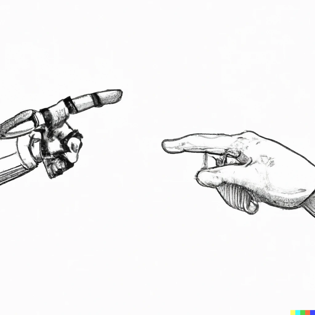 Prompt: Human hand and a robot hand pointing at each other sketch