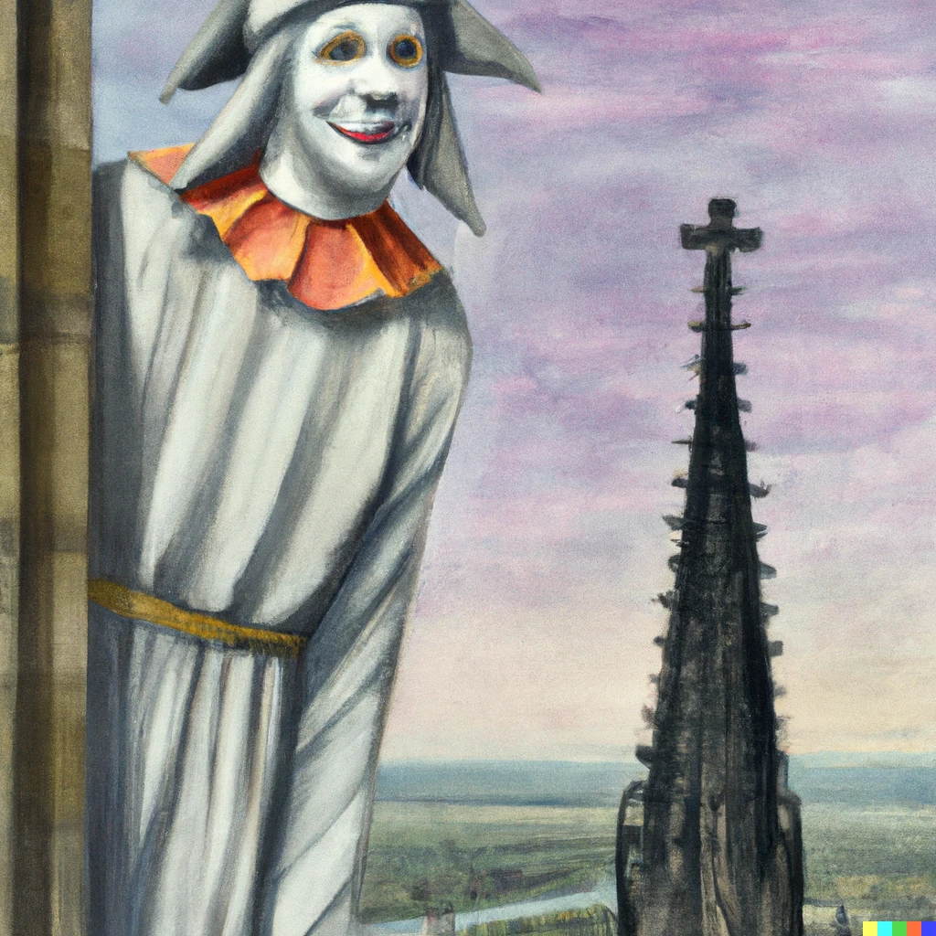 Prompt: Realism paint of a Pierrot standing on the top of the cologne cathedral