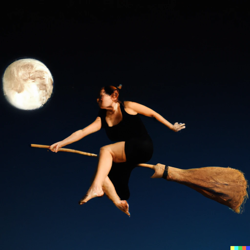 Prompt: Photo of a woman with black cloth straddle on a broomstick frying in the sky under the moonlight. 