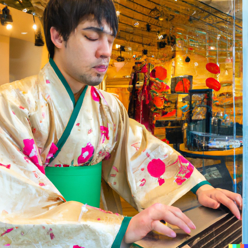 Prompt: Photo of Asian guy wearing traditional Japanese kimono enjoying shopping a computer in Akihabara. 