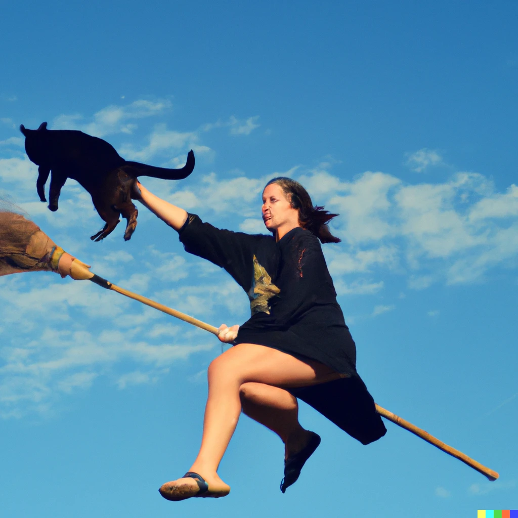 Prompt: Photo of a black cat and a woman wearing black robe straddle on a broomstick frying in the sky 