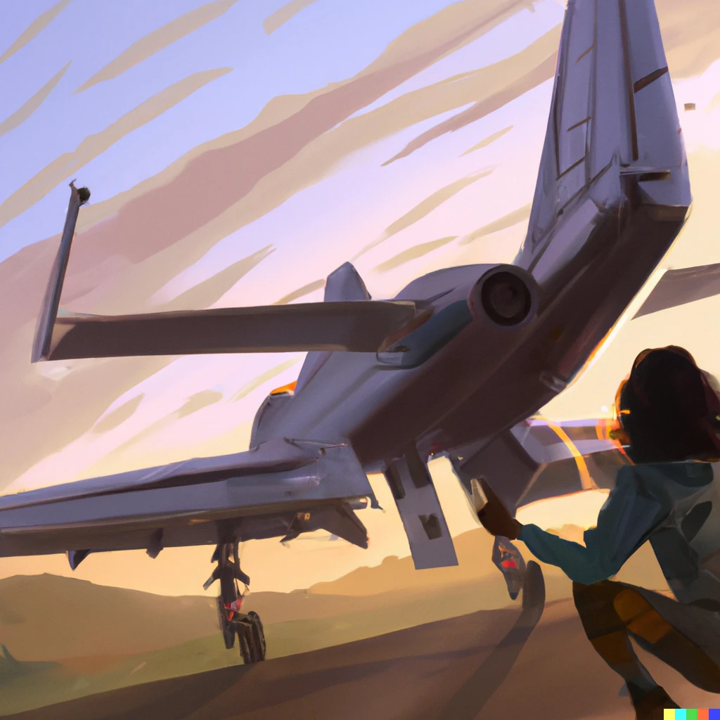Prompt: Realistic paint of x-wing landing on a aircraft career in dawn. A person is watching Up that airplane. 