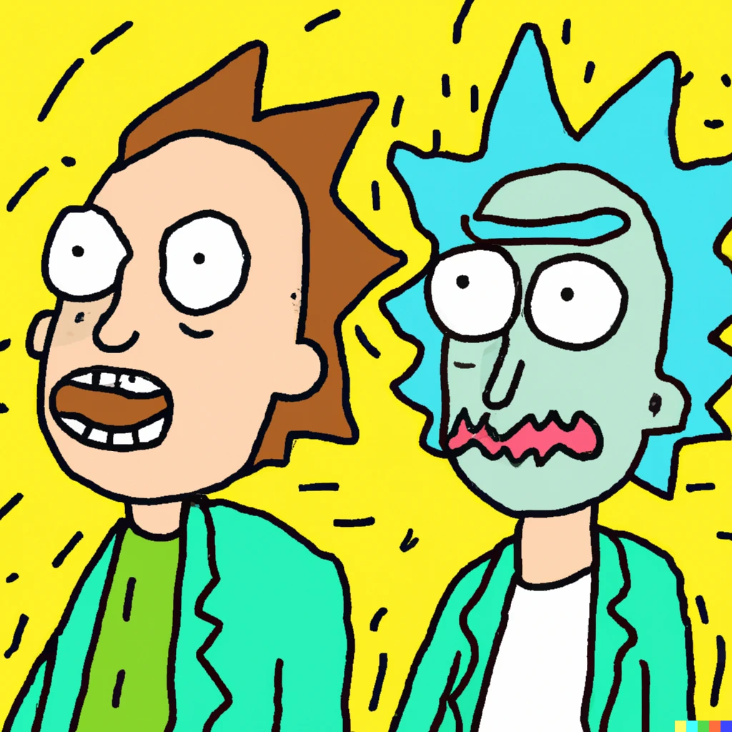 Prompt: Rick and morty in the Simpsons style drawing 