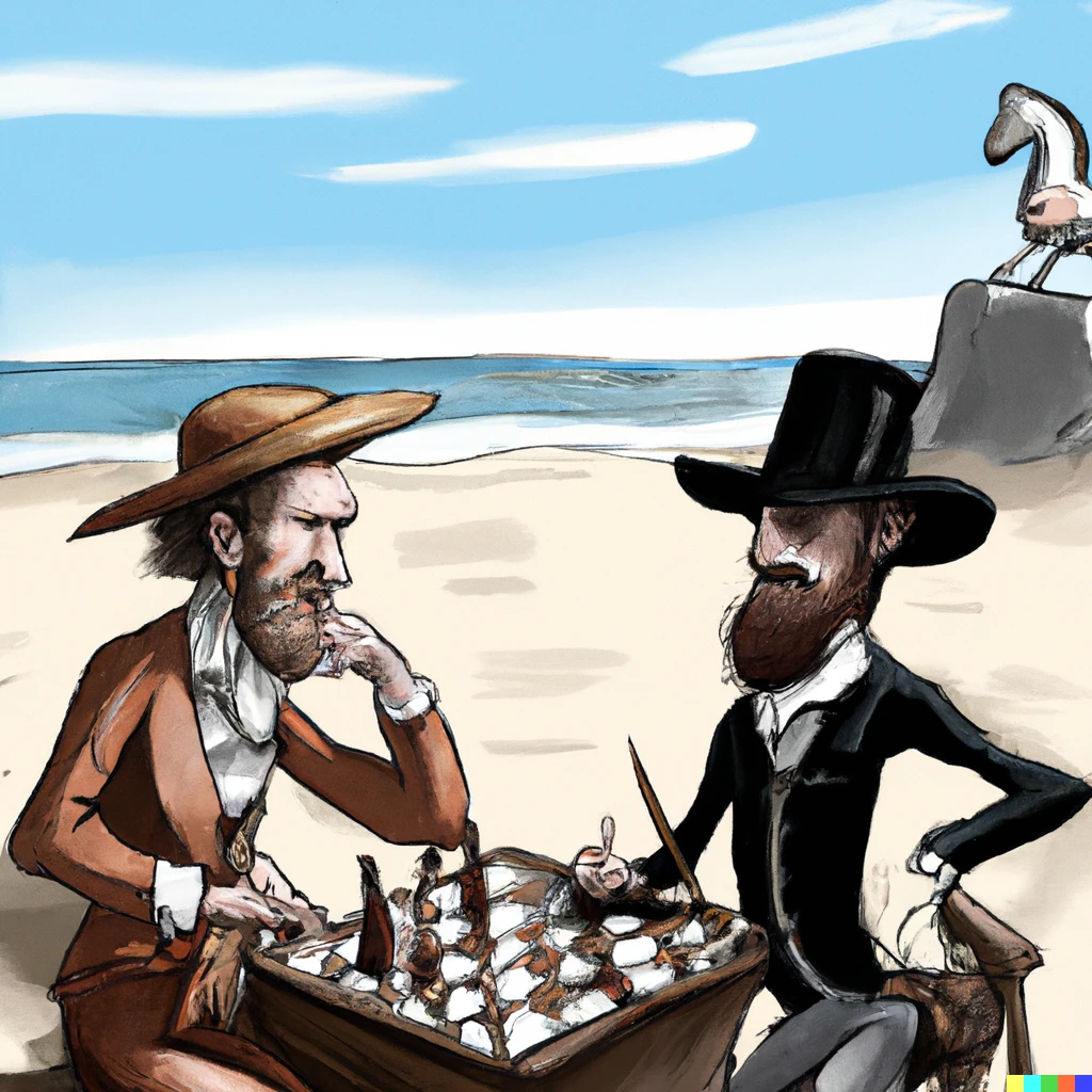 Prompt: Don Quixote playing chess with Abraham Lincoln at the beach realistic