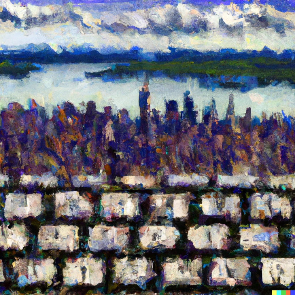 Prompt: New york skyline over a mountain in the shape of a computer keyboard oil painting
