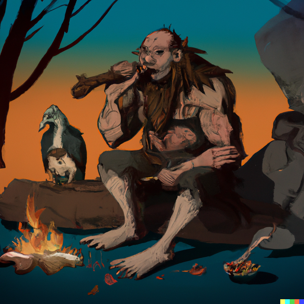 Sam × DALL·E 2 | An Orcish Druid sitting by a campfire with his pet ...