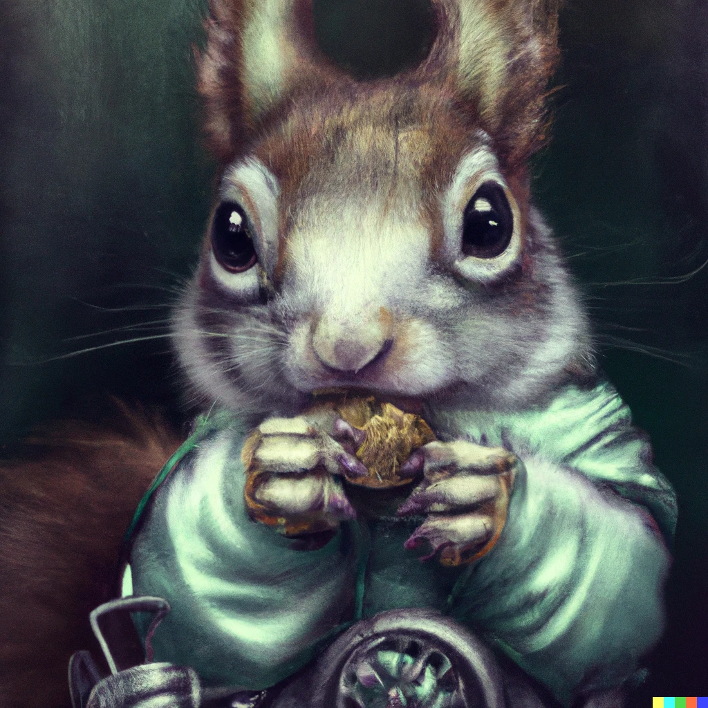 Prompt: Detailed pastel colours portrait of a squirrel wearing a steampunk armour, covered with high technology, eating walnuts. The background is blurred. By Jules Verne