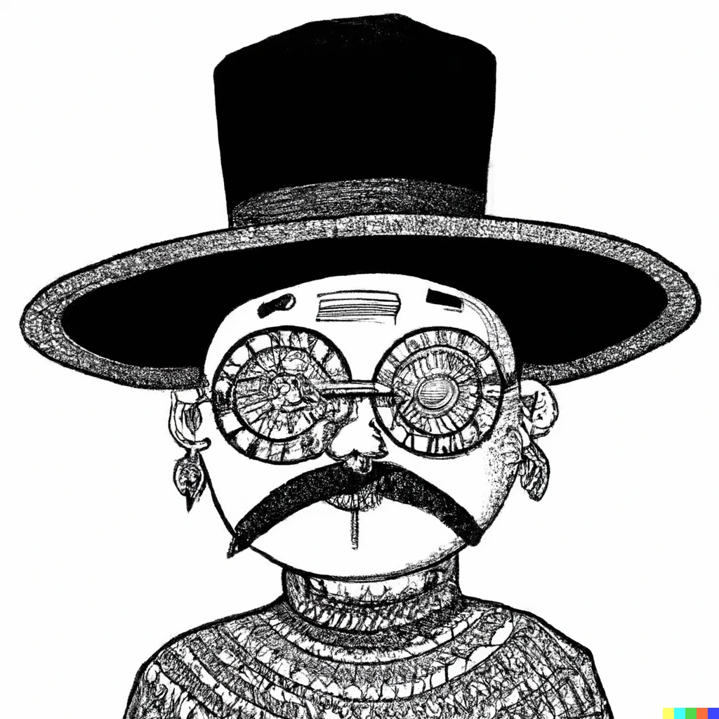 Prompt: A bald hipster wearing a top hat and round glasses, drawn as a mexica codex style
