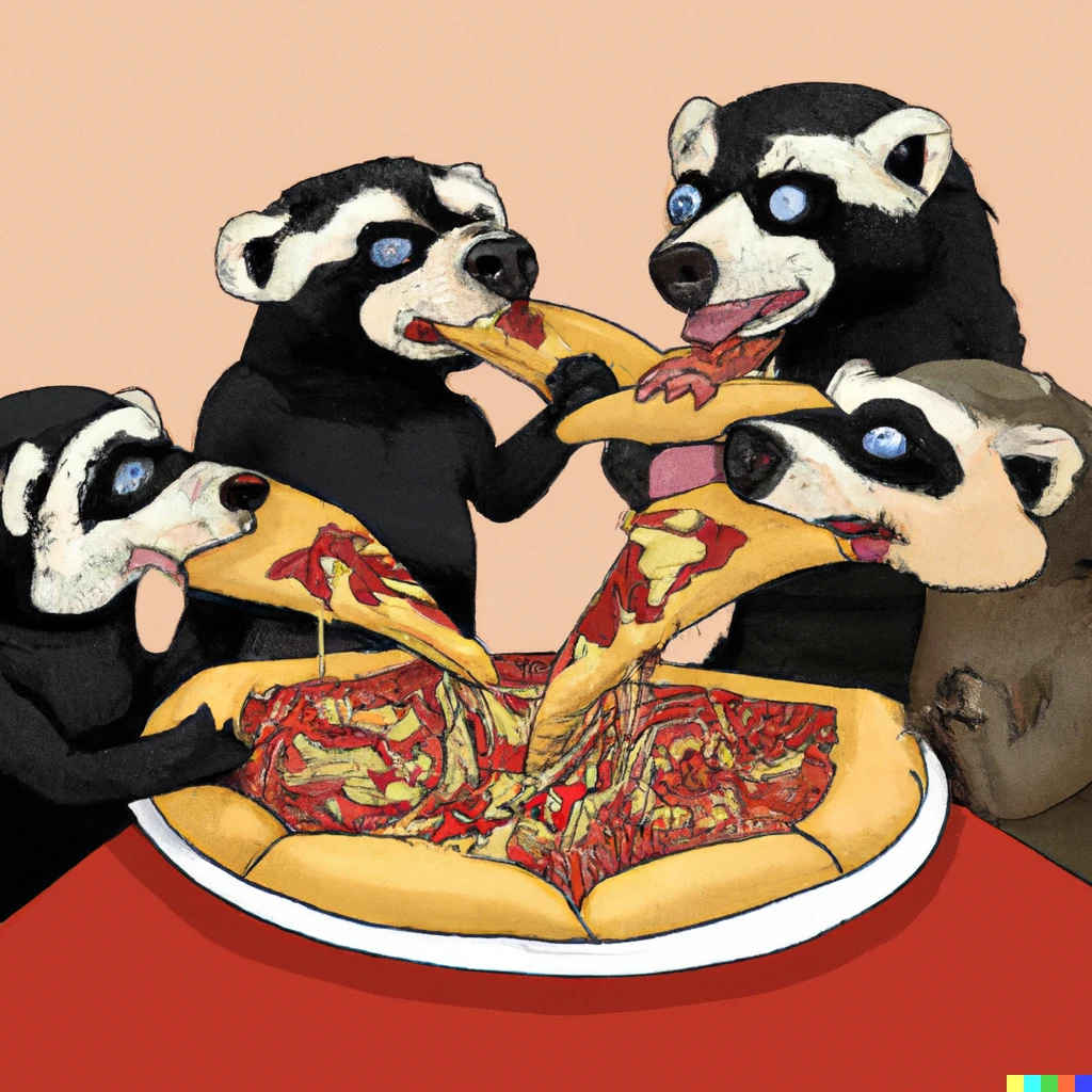 Prompt: A realistic image of a bunch of honey badgers eating pizza