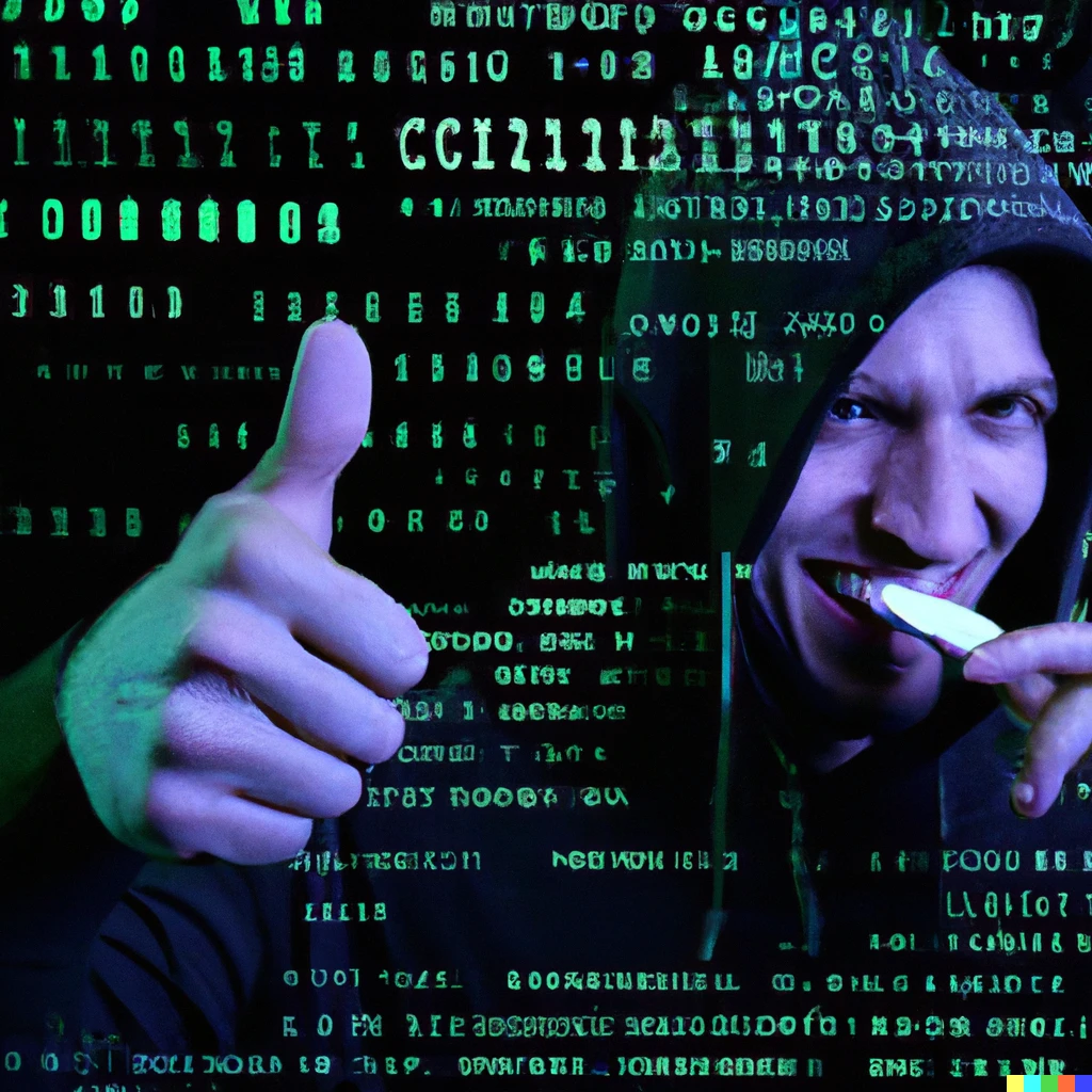 Prompt: A hacker in a black hoodie brushing his teeth and giving a thumbs up. Greed computer code is overlaid over the entire image. Photo.