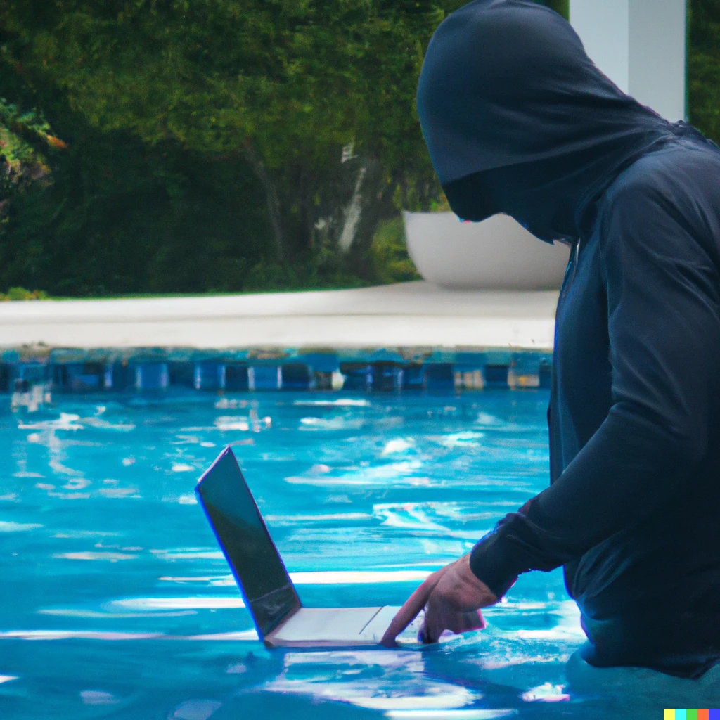 Prompt: Hacker in a black hoodie stood in a swimming pool with water up to his waist holding a laptop. Award winning 4k photo.