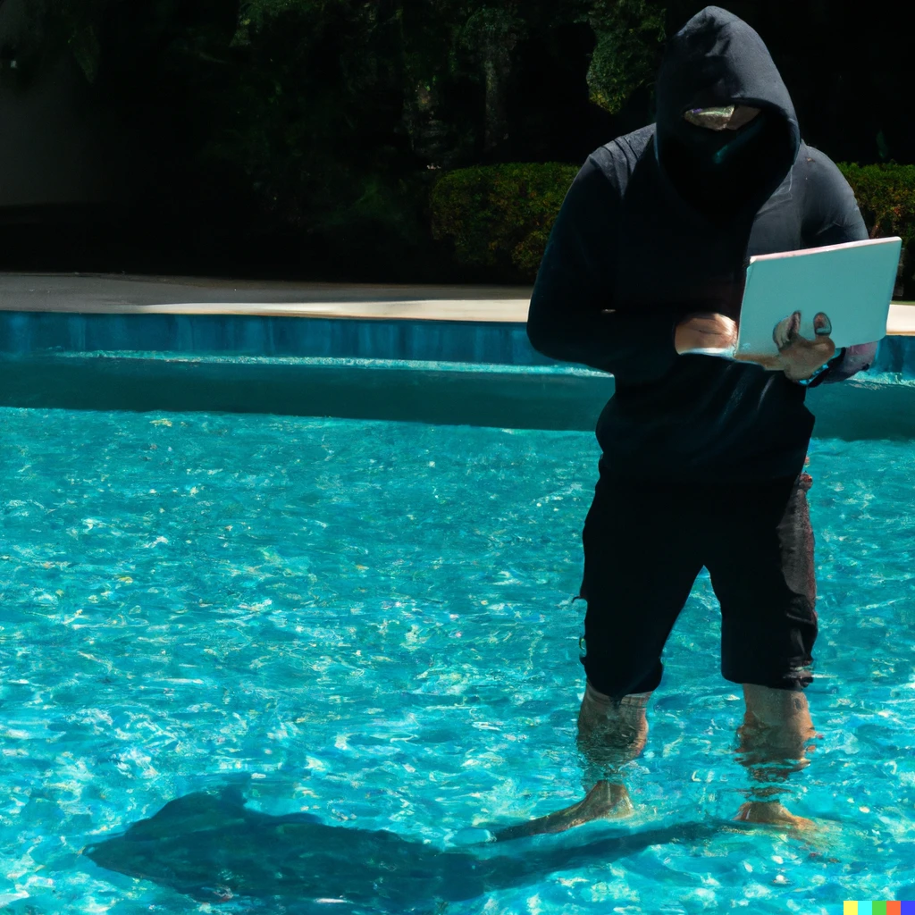 Prompt: Hacker in a black hoodie stood in a swimming pool with water up to his waist holding a laptop. Award winning 4k photo.