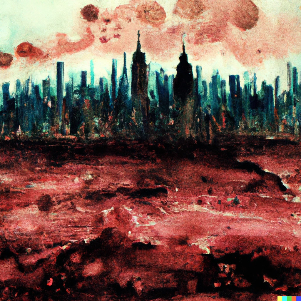 Prompt: An abstract water color of Manhatten in the style of Zdzisław Beksiński