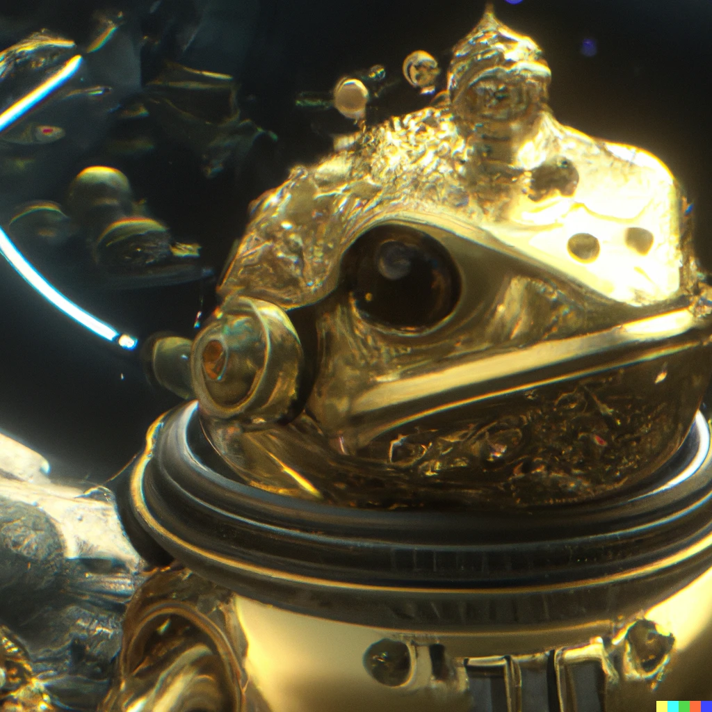 Prompt: crowned cyborg-amphibian in shining golden armor with cosmonauts and spaceship in the background,  4k, 70mm lens, national geographic