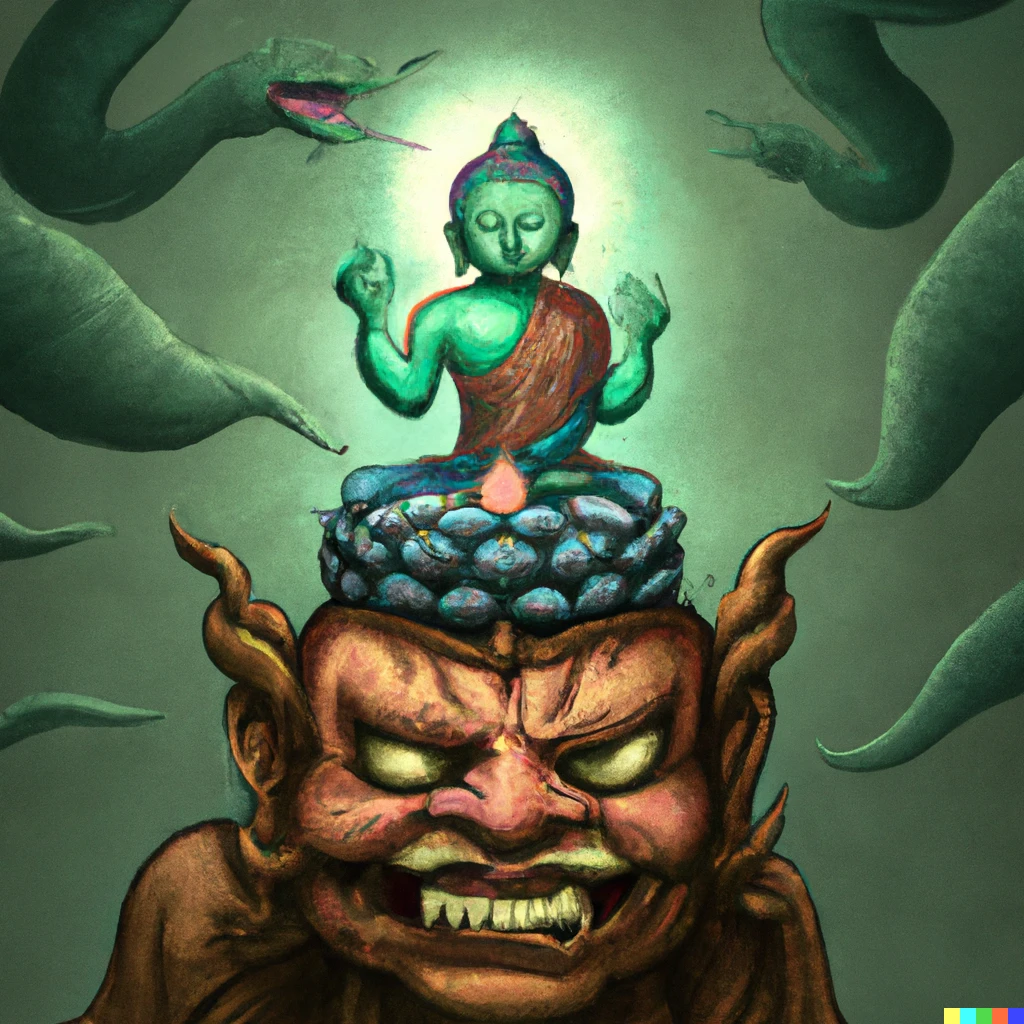 Prompt: high quality digital art of Buddha's triumph over mara the demon