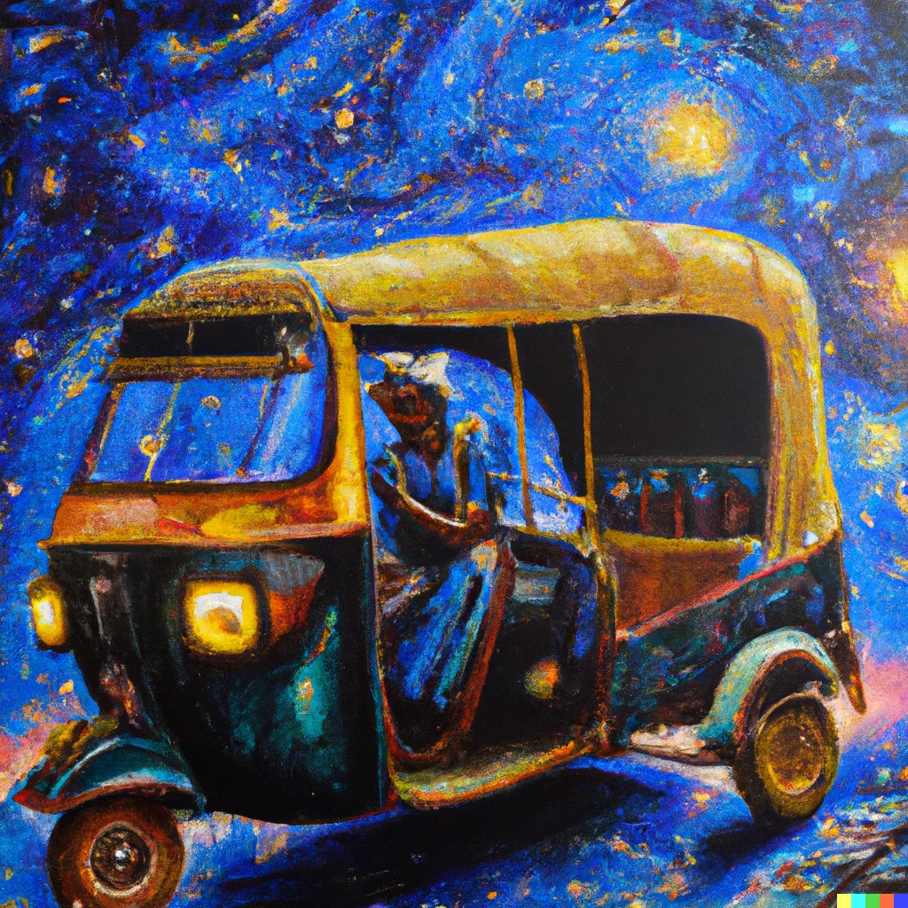 Prompt: A renaissance painting of a tuktuk riding into the starry galaxy 