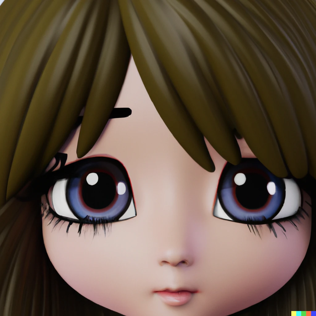 Prompt: Anime doll with big blue eyes and long brown hair (3D render)