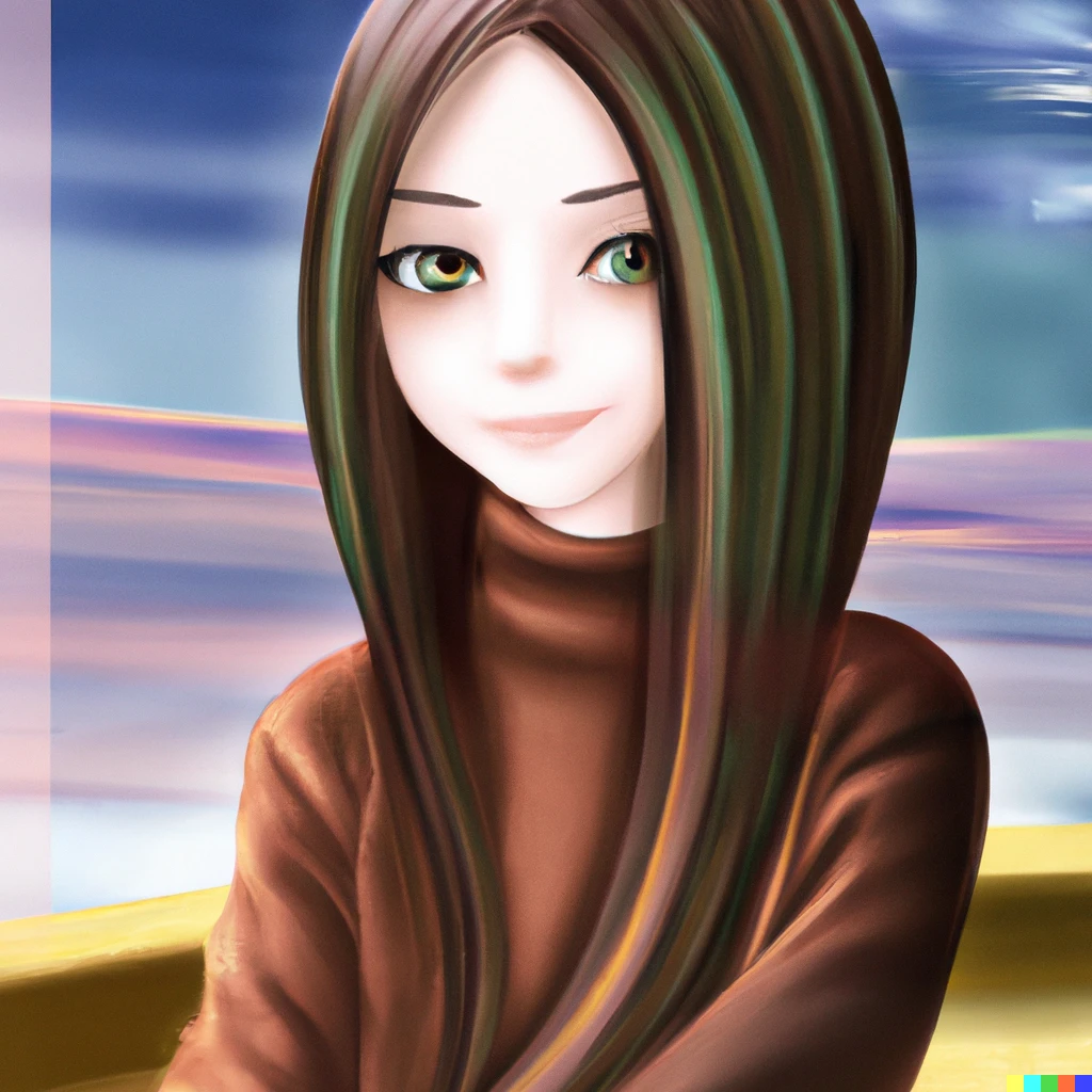 Prompt: A portrait of a seated woman with brown shoulder-length hair and a mysterious smile set against an imaginary landscape, anime