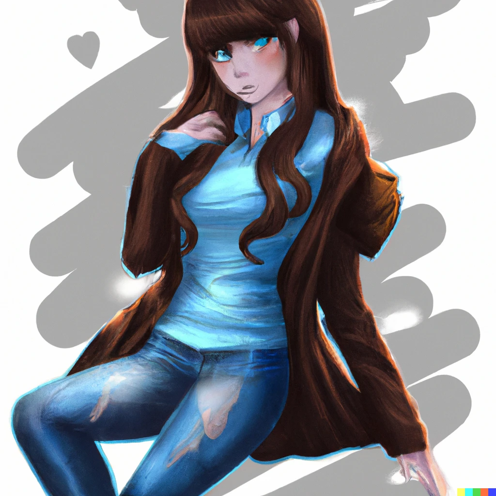 Prompt: A photorealistic image of an anime girl with blue eyes and long brown hair wearing a leader jacket and blue jeans.