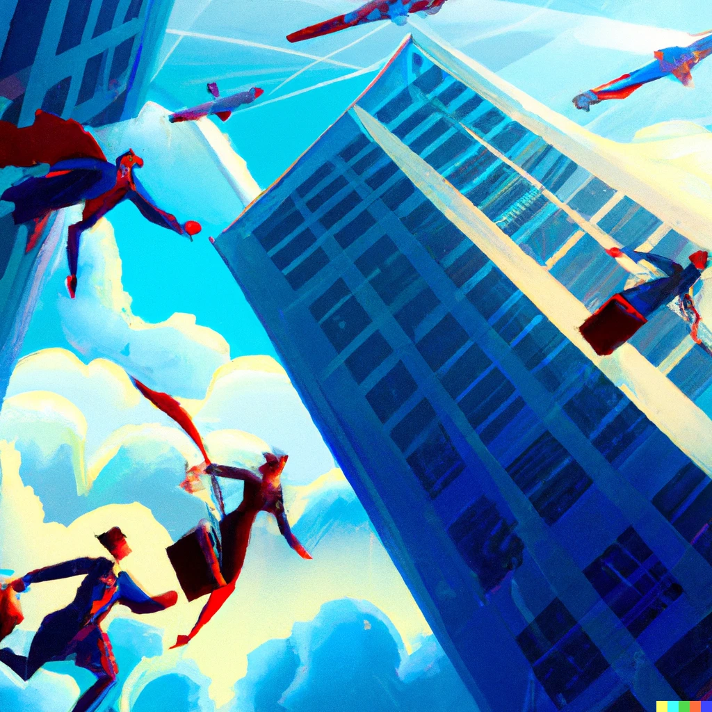 Prompt:  Busy people flying in the sky between skyscrapers. Digital art.