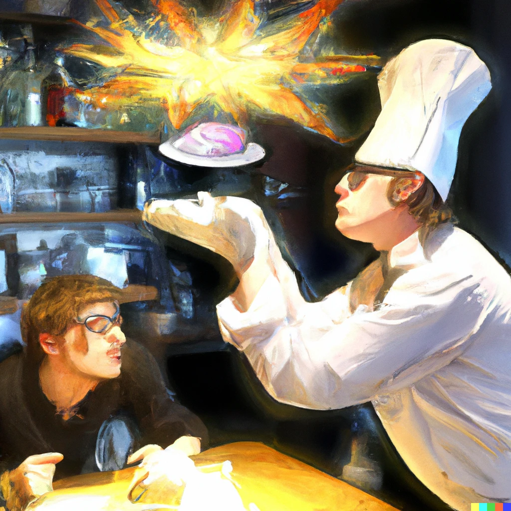 Prompt: A cook in a restaurant uses his telekinetic abilities to serve people, digital art.