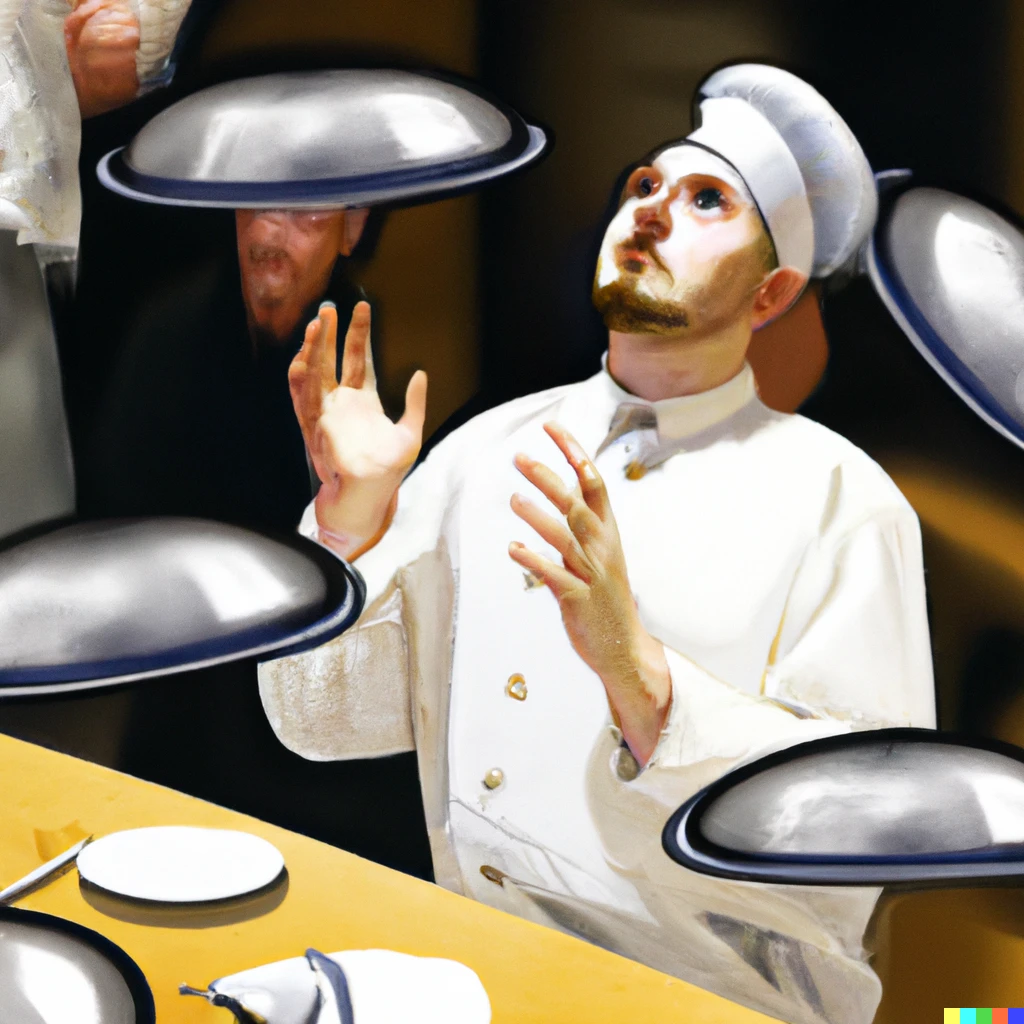 Prompt: A cook facing away from the customers, holding his hand next to his head in a restaurant, uses his telekinetic abilities to serve people. Plates floating towards customers. Digital art.