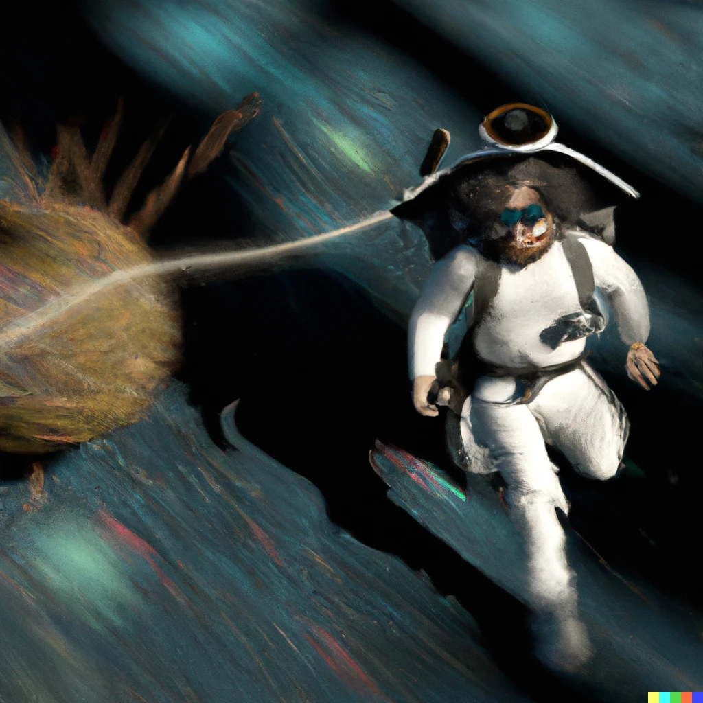 Prompt: A zombie pirate in a spacesuit is chasing the Higgs boson (3D render).
