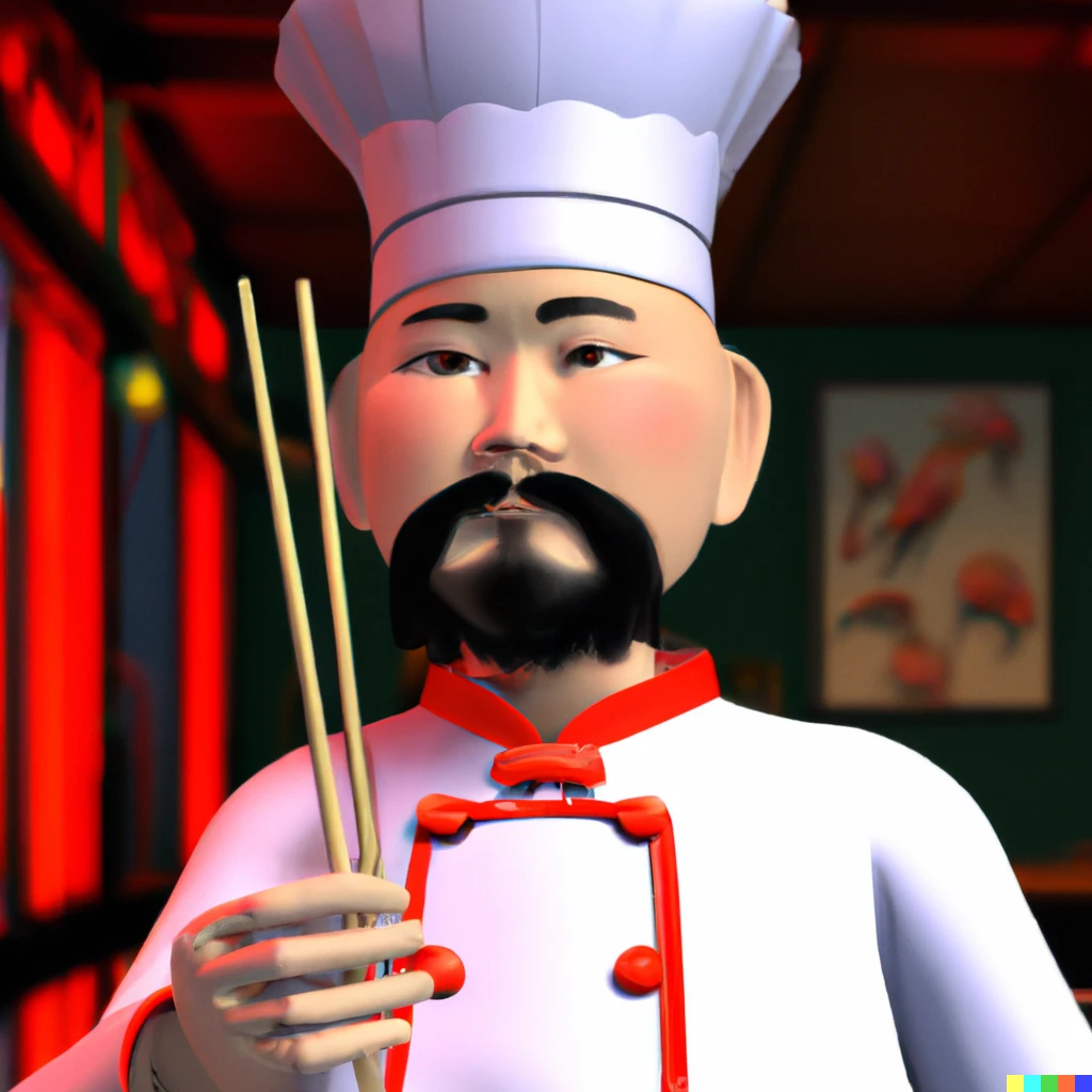 Prompt: Portrait of the chef holding chopsticks in a Chinese restaurant (3d render)
