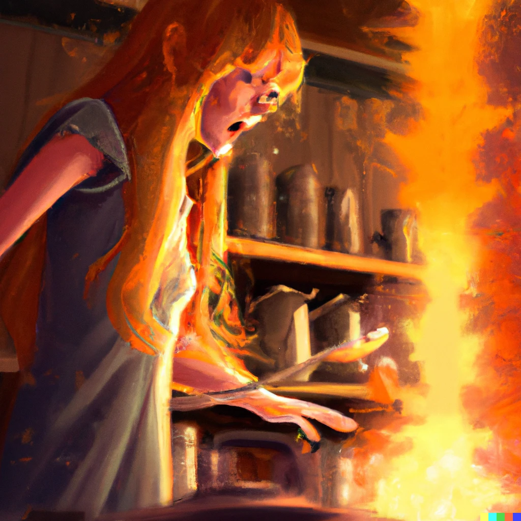 Prompt: A white girl cooks on the stove using pyrokinetic power, digital art.